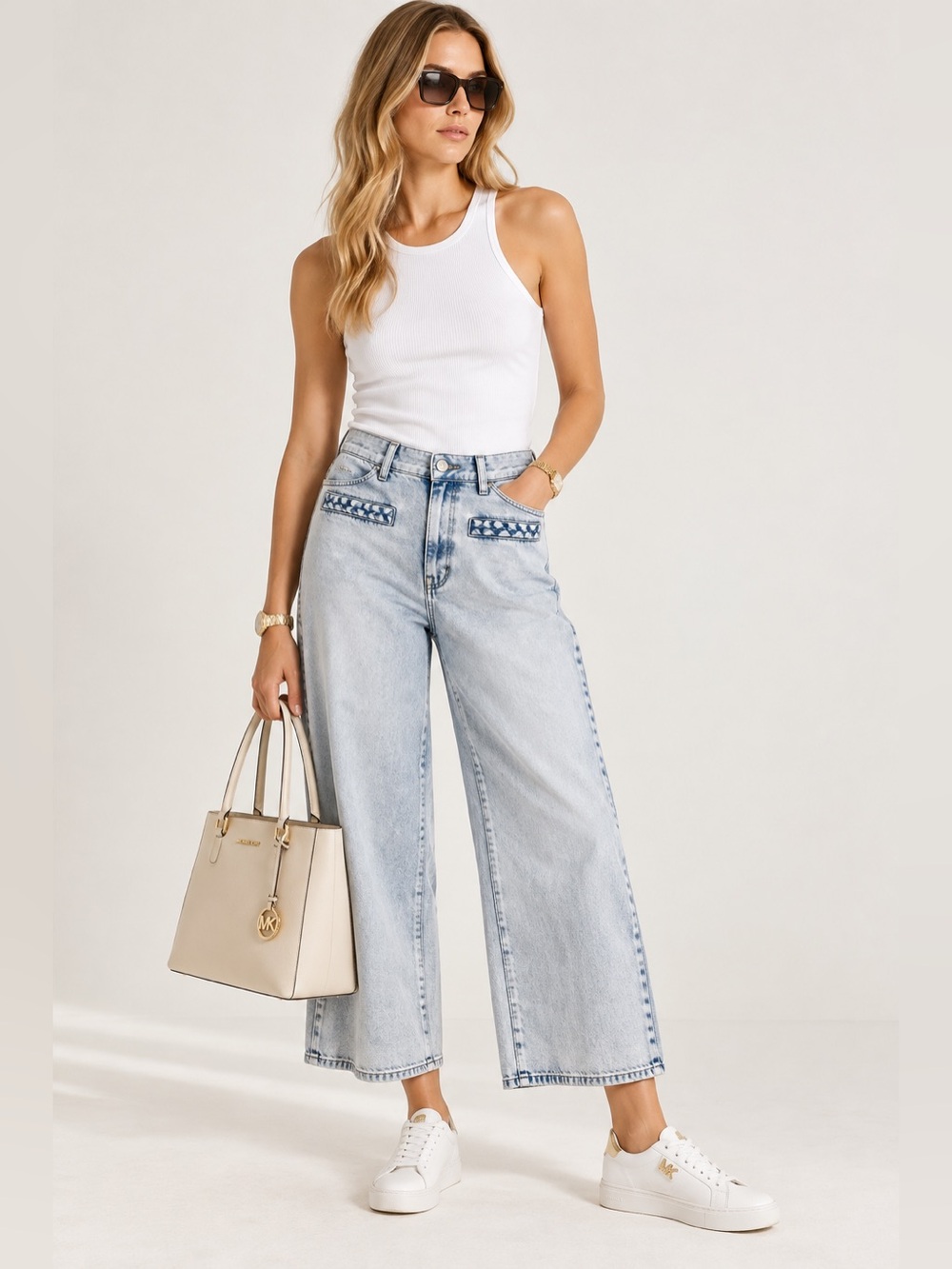NWT Michael Kors Selma High Rise Crop Wide Leg Jeans Light Wash Size 10